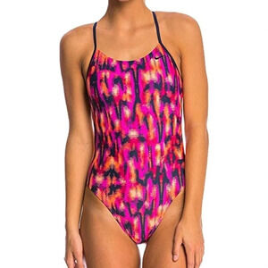 NIKE Women's Fuchsia Blurred Lines Cut Out Tank Sport Swimsuit Open Back Size XL